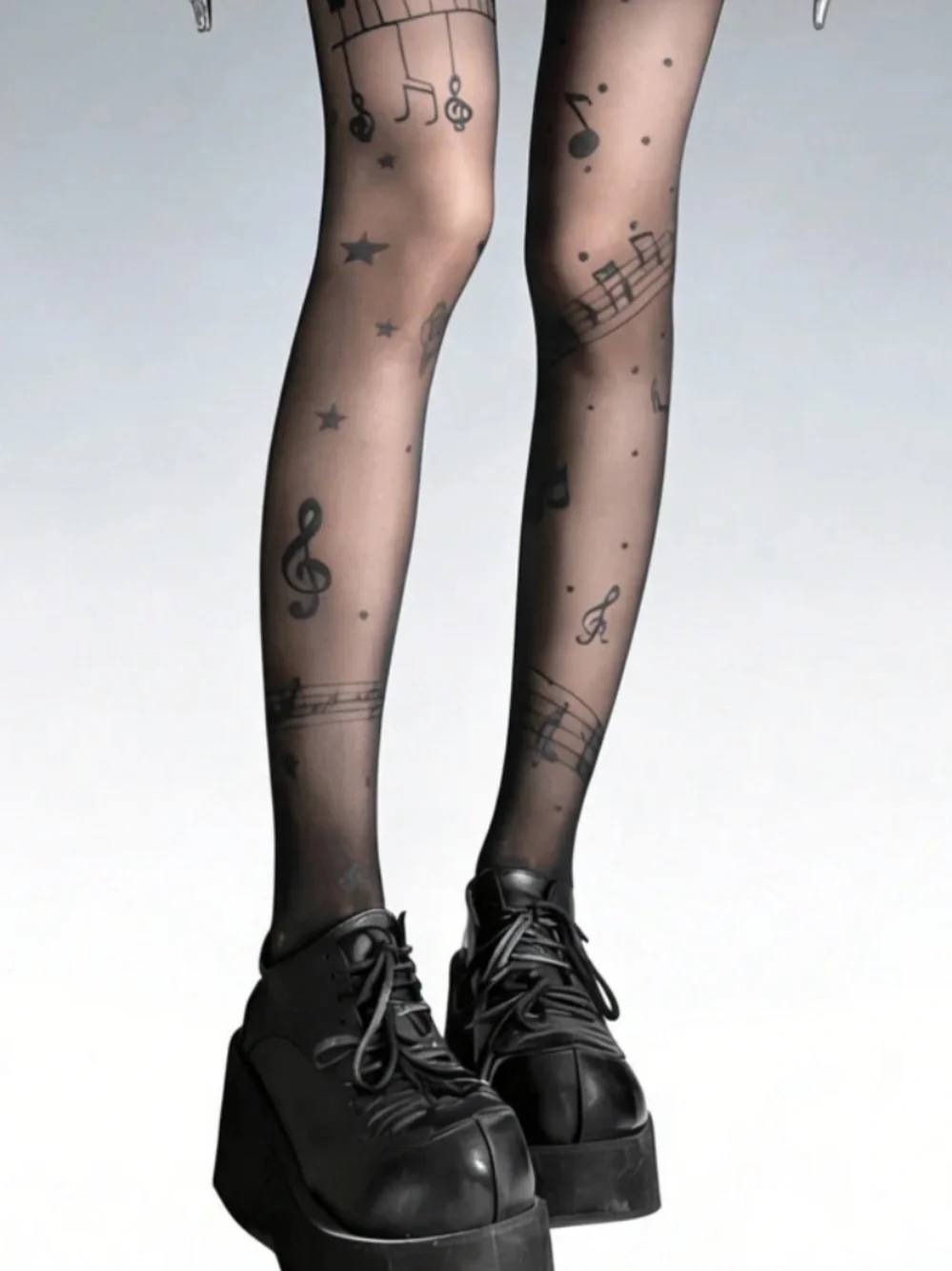 Sheer Music Note Pattern Tights - Black